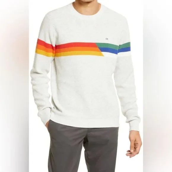 Outerknown Gray Crewneck Sweater with Rainbow Stripes